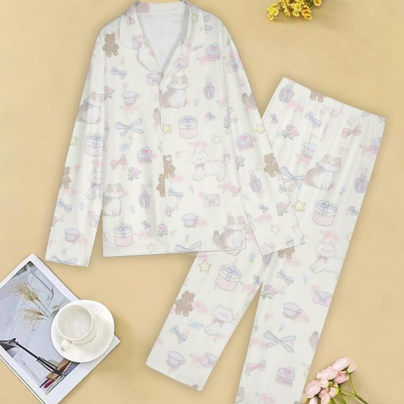 Cartoon Cat Bow Print Shirt Pants Pajamas  |   Pants Clothing Pajamas