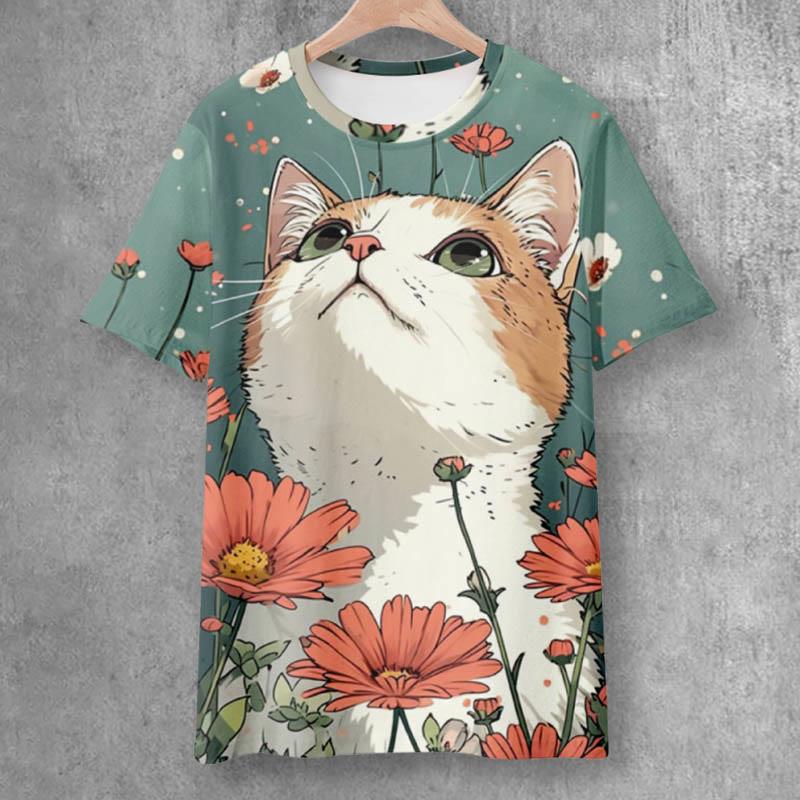 Cartoon Cat Daisy Print Casual Short Sleeve T-Shirt  |   T-Shirts Clothing Green