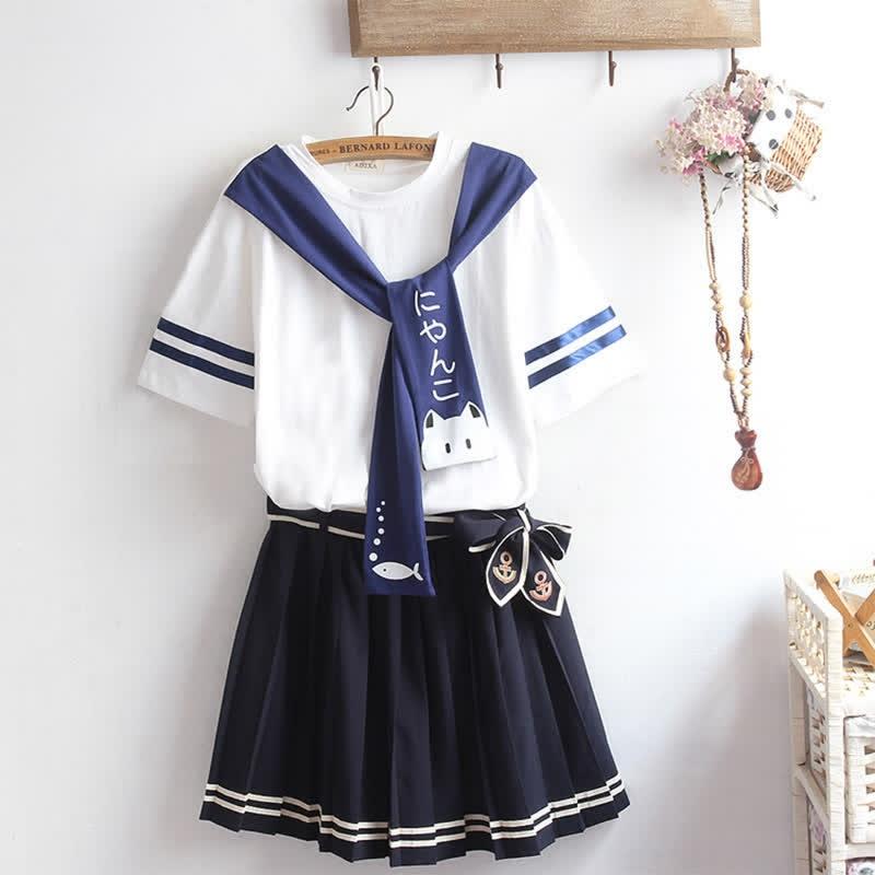 Cartoon Cat Fish Letter Print T-Shirt Pleated Skirt  |   T-Shirts Clothing Navy Blue Set