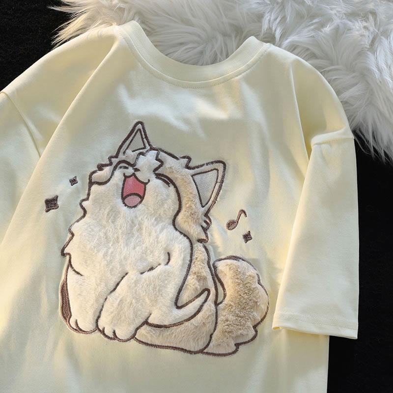 Cartoon Cat Flocking Print Short Sleeve Casual T-Shirt  |   T-Shirts Clothing Apricot