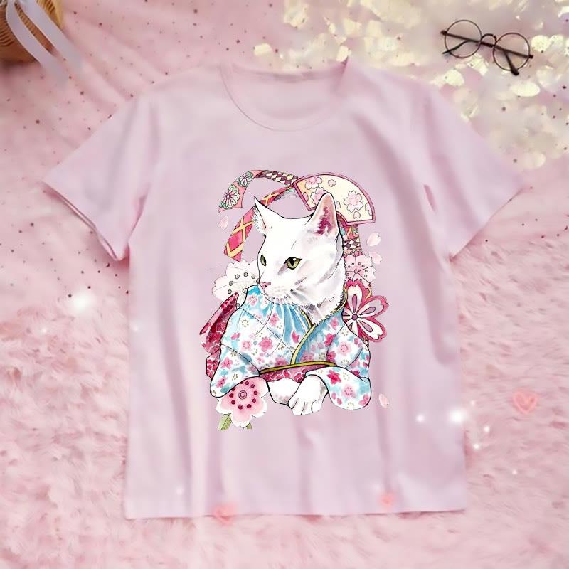 Cartoon Cat Flower Print Loose Short Sleeve T-Shirt  |   T-Shirts Clothing Pink