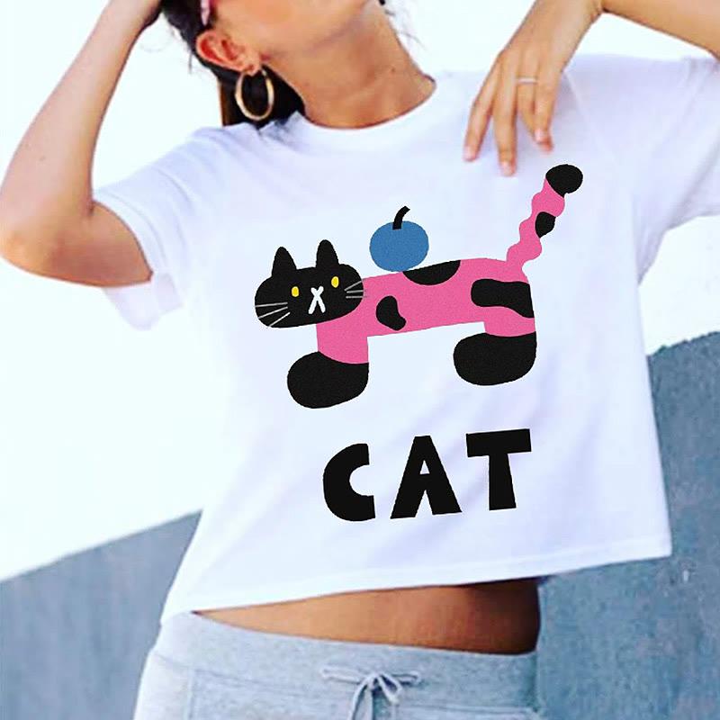 Cartoon Cat Letter Print Casual Loose T-Shirt  |   T-Shirts Clothing T-Shirts