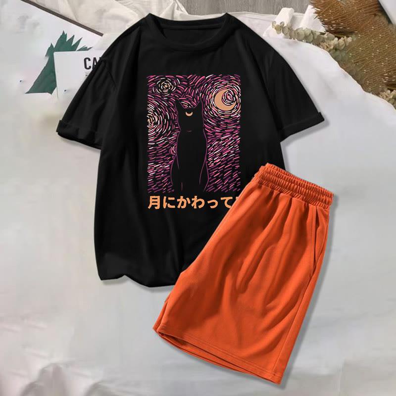 Cartoon Cat Letter Print Loose Short Sleeve T-Shirt Shorts  |   T-Shirts Clothing Set