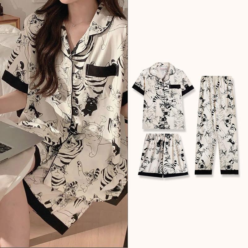 Cartoon Cat Print Casual Summer Pajamas Three Piece Set  |   Pajamas Clothing Pajamas