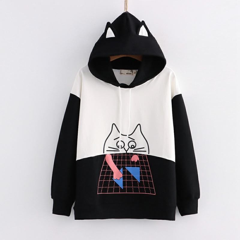 Cartoon Cat Print Colorblock Loose Hoodie  |   Sweatshirts & Hoodies Clothing Black