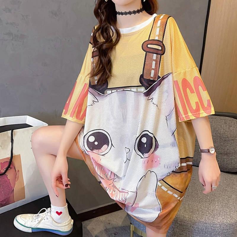 Cartoon Cat Print Loose T-Shirt  |   T-Shirts Clothing T-Shirts