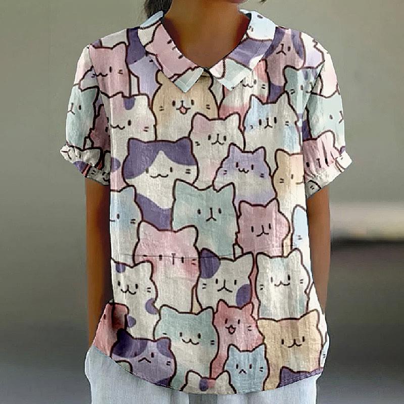 Cartoon Cat Print Loose T-Shirt  |   T-Shirts Clothing Multicolor