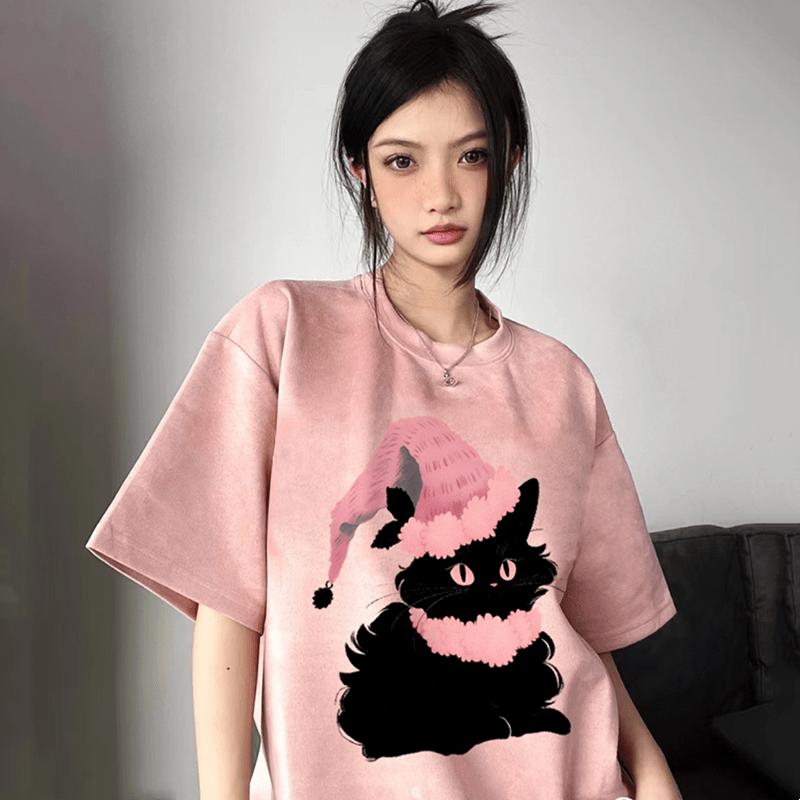 Cartoon Cat Print Short Sleeve Round Neck T-Shirt  |   T-Shirts Clothing Apricot