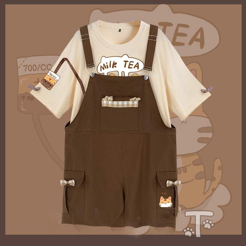 Cartoon Cat Print T-Shirt Casual Overalls Shorts Set  |   T-Shirts Clothing Overalls