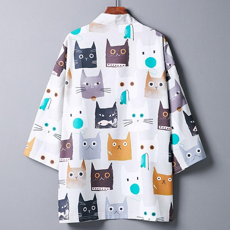 Cartoon Cat Print Vintage Kimono Outerwear  |   Outerwear Clothing Grey