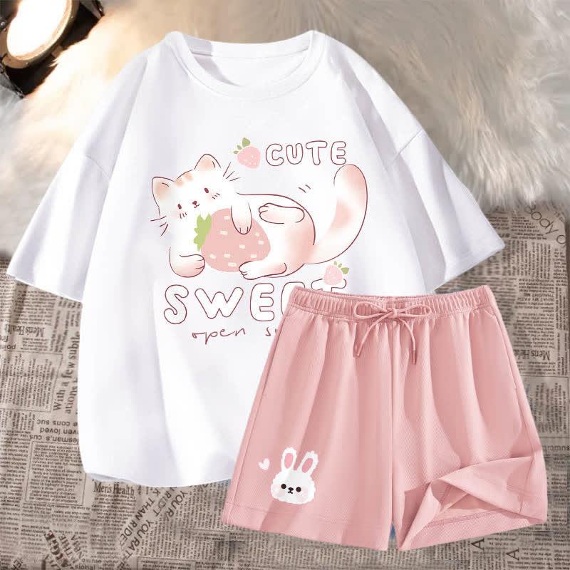 Cartoon Cat Rabbit Letter Print Casual Loose T-Shirt Shorts Set  |   T-Shirts Clothing Set A