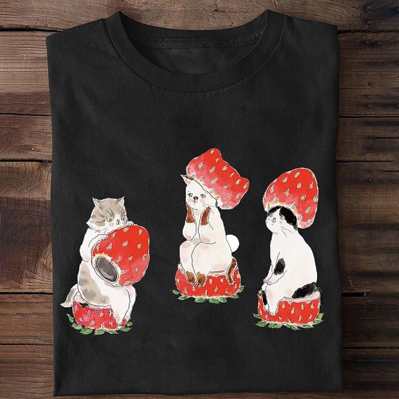 Cartoon Cat Strawberries Print Casual Loose T-Shirt  |   T-Shirts Clothing Black