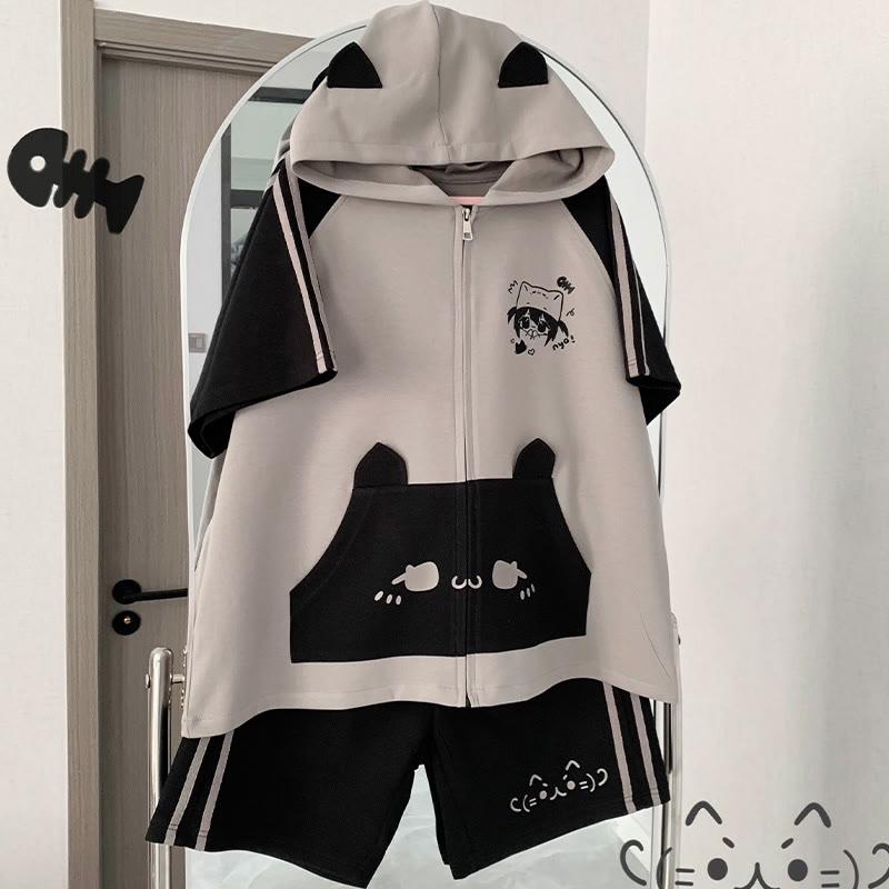 Cartoon Cat Zipper Hooded Sweatshirt Shorts  |   Shorts Clothing Grey&Black