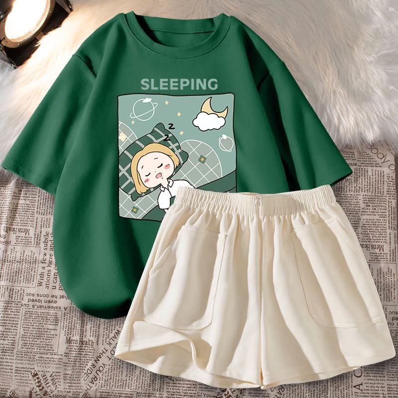 Cartoon Character Letter Print Casual Loose T-Shirt Shorts Set  |   T-Shirts Clothing Set A