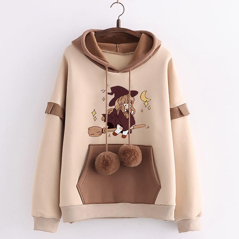 Cartoon Character Print Pocket Color Block Hoodie  |   Sweatshirts & Hoodies Clothing Brown