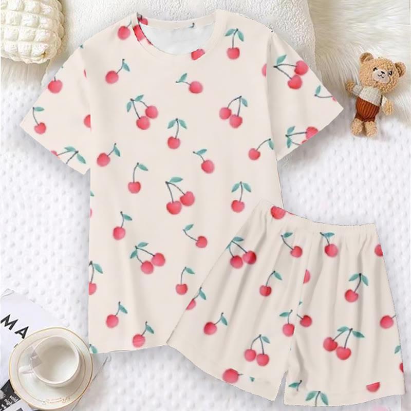 Cartoon Cherry Print Casual T-Shirt Shorts  |   T-Shirts Clothing Set