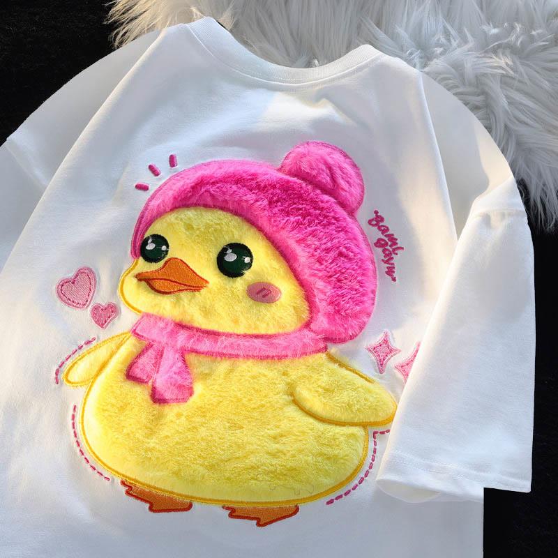 Cartoon Chick Flocking Print Casual Short Sleeve T-Shirt  |   T-Shirts Clothing Apricot