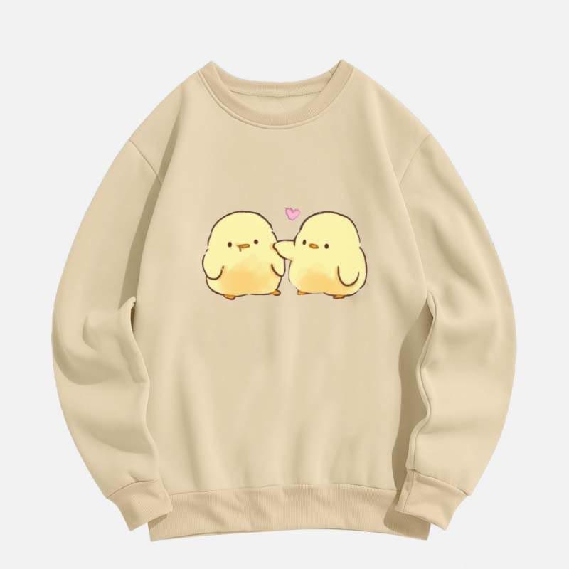 Cartoon Chick Print Round Collar Plush Sweatshirt  |   Sweatshirts & Hoodies Clothing Apricot