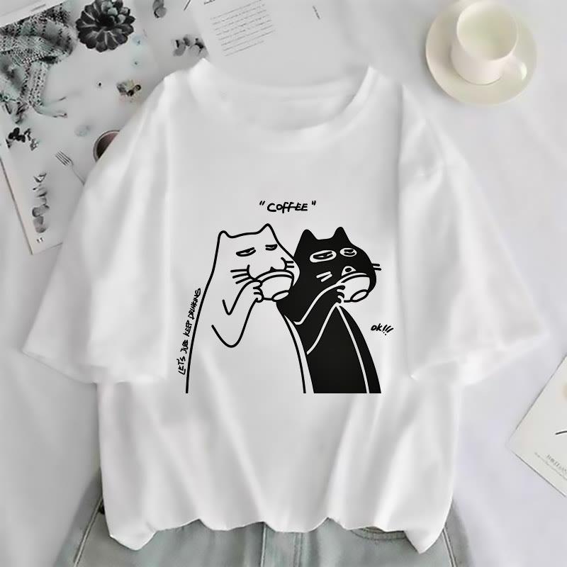 Cartoon Coffee Cat Print Loose Short Sleeve T-Shirt  |   T-Shirts Clothing T-Shirts