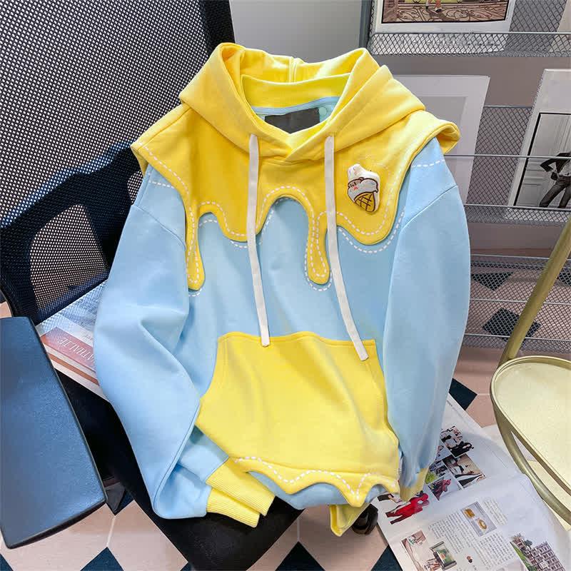 Cartoon Colorblock Pocketed Casual Hoodie  |   Sweatshirts & Hoodies Clothing Blue