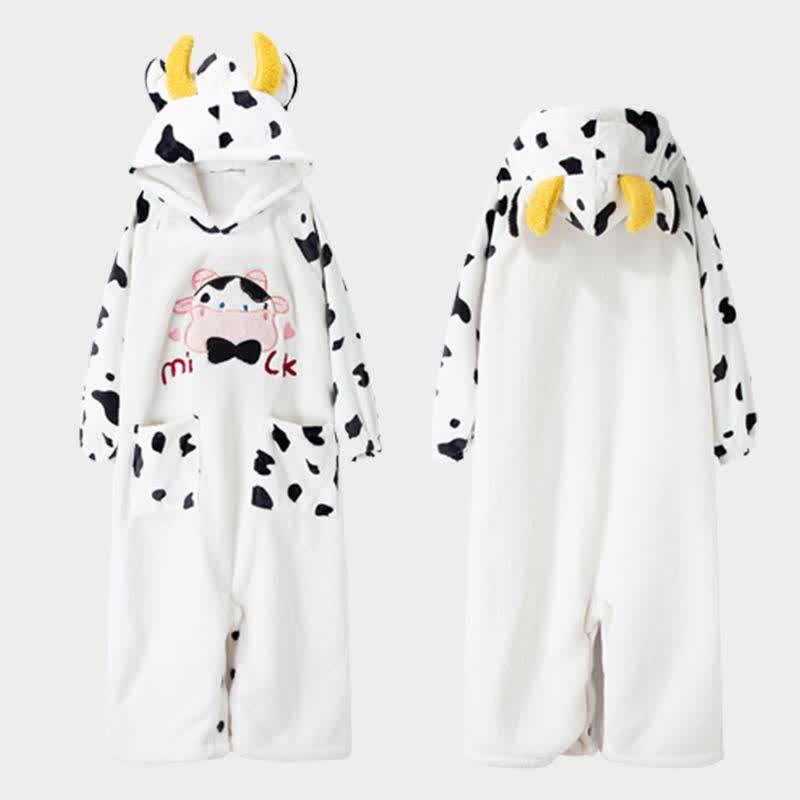 Cartoon Cow Print Letter Embroidery Pocket Plush Hooded Jumpsuit Pajamas  |   Pajamas Clothing Pajamas