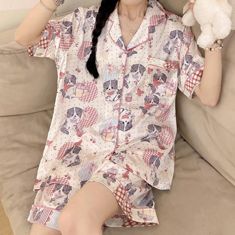 Cartoon Cute Kitty Print Summer Pajamas Two Piece Set  |   Pajamas Clothing Multicolor