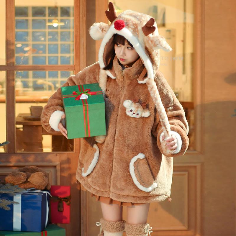 Cartoon Deer Zipper Plush Hooded Coat  |   Outerwear Clothing Brown