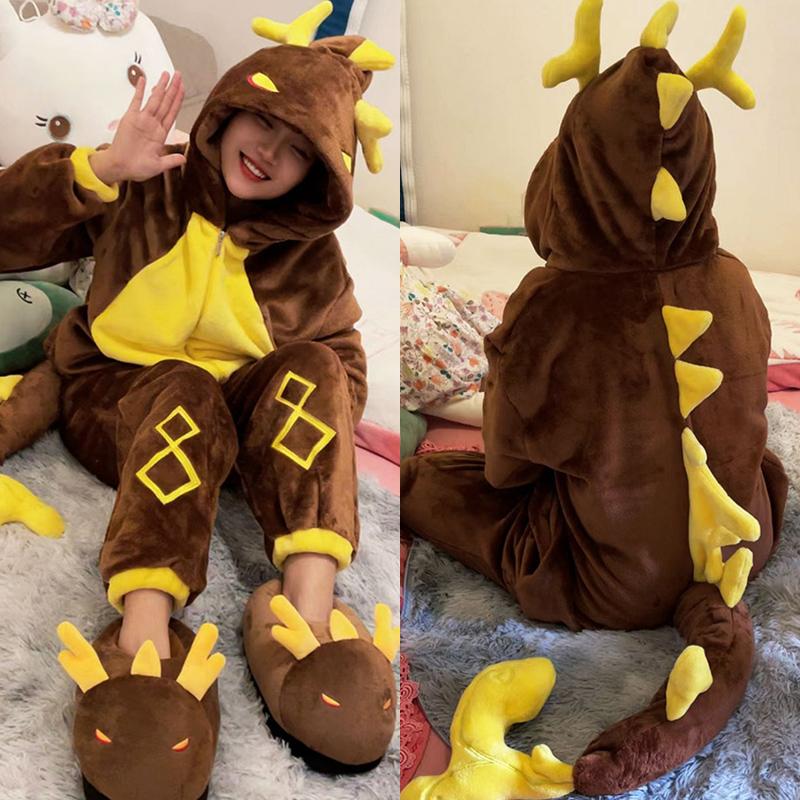 Cartoon Dinosaur Colorblock Plush One-Piece Hooded Pajamas  |   Pajamas Clothing Pajamas