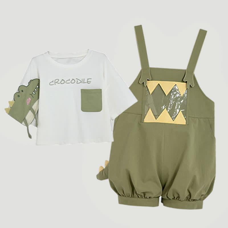 Cartoon Dinosaur Embroidery Casual T-Shirt Overalls Shorts  |   T-Shirts Clothing Overalls