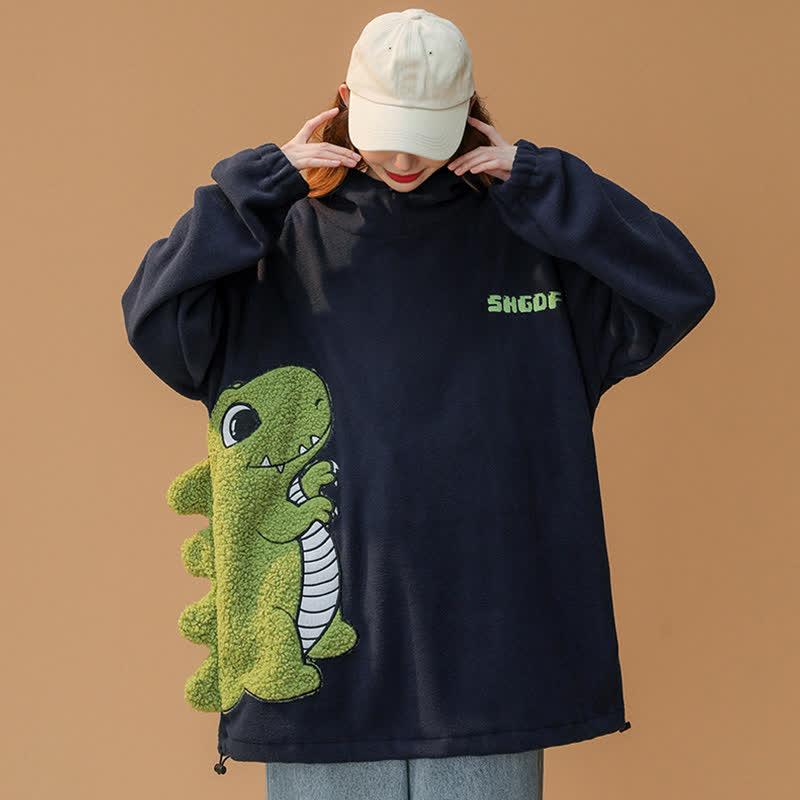 Cartoon Dinosaur Embroidery Plush Oversized Hoodie  |   Sweatshirts & Hoodies Clothing Blue