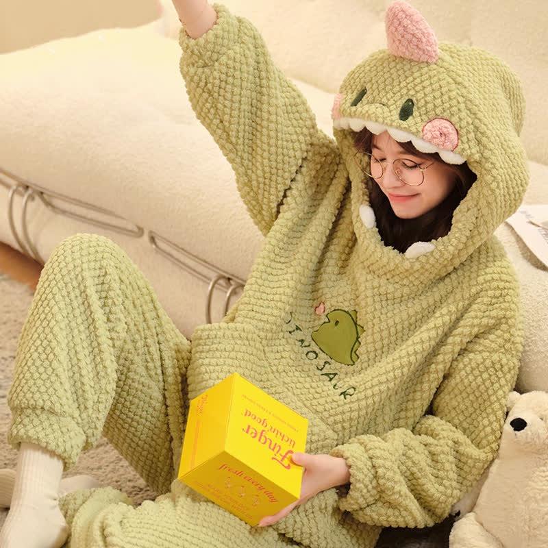 Cartoon Dinosaur Plush Loose Hooded Pajamas Set  |   Pajamas Clothing Green