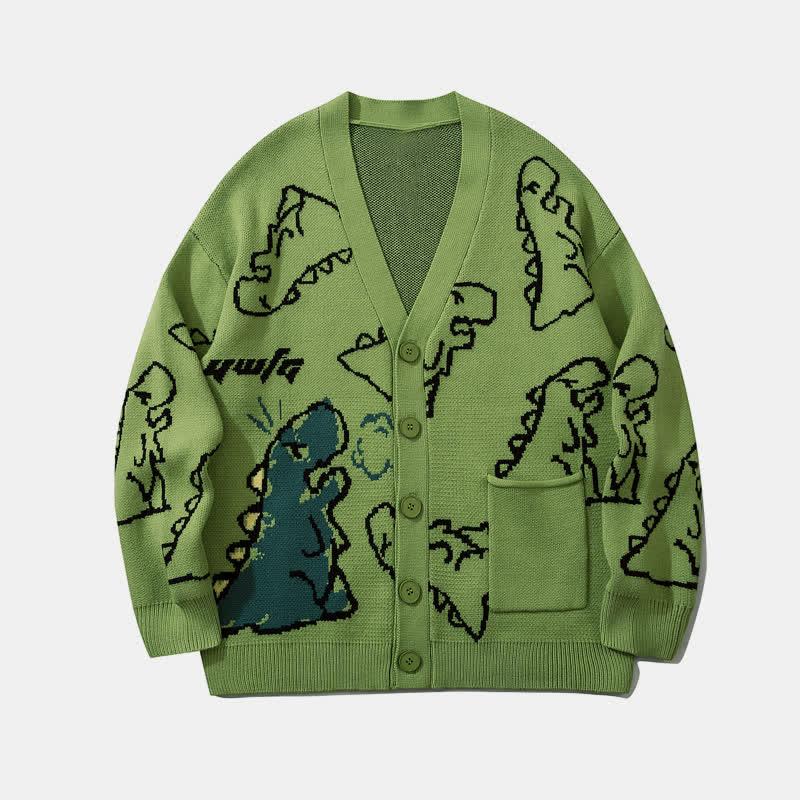 Cartoon Dinosaur Print Knit V-Neck Cardigan Sweater  |   Sweater Clothing Black