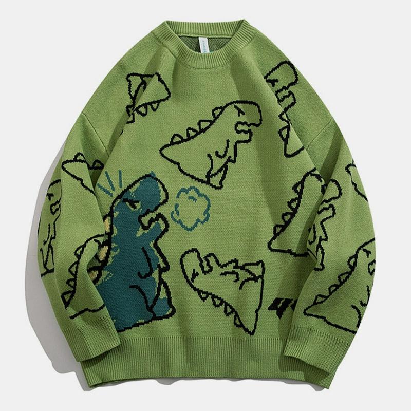 Cartoon Dinosaur Print Loose Sweater  |   Sweater Clothing Black