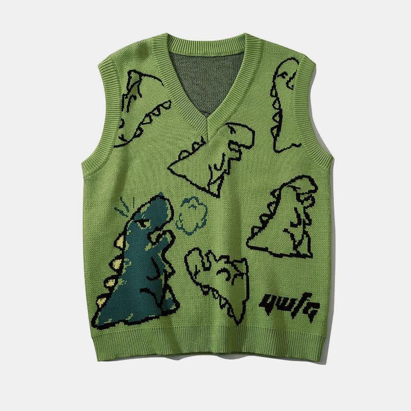 Cartoon Dinosaur Print V-Neck Knit Vest Sweater  |   Sweater Clothing Black