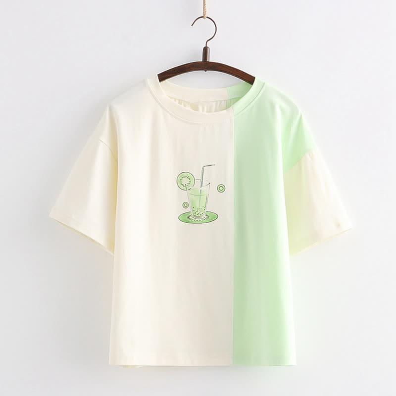 Cartoon Drink Print Short Sleeve Colorblock T-Shirt  |   T-Shirts Clothing Apricot&Green