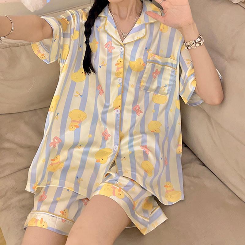 Cartoon Duck Stripe Print Summer Pajamas Two Piece Set  |   Pajamas Clothing Pajamas