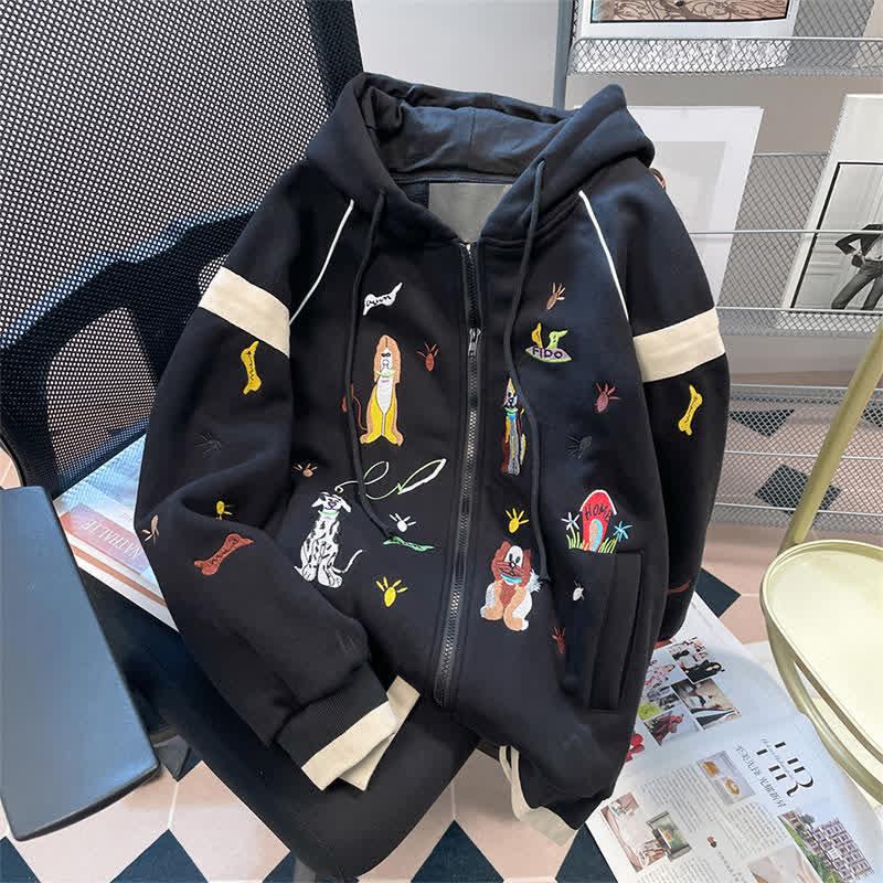 Cartoon Embroidery Colorblock Zipper Hooded Sweatshirt  |   Sweatshirts & Hoodies Clothing Black