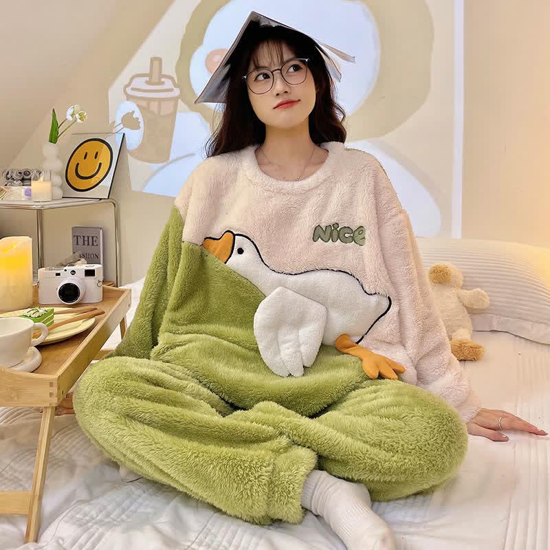 Cartoon Embroidery Round Collar Plush Pajama Set  |   Pajamas Clothing Avocado