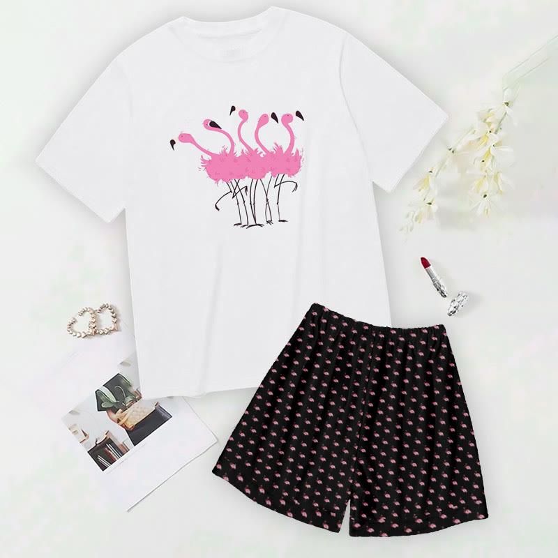 Cartoon Flamingo Print T-Shirt Shorts  |   T-Shirts Clothing Set