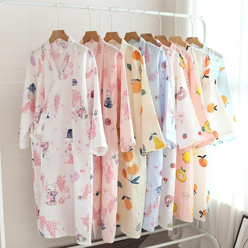 Cartoon Floral Print V-Neck Kimono Robes  |   Pajamas Clothing A-White