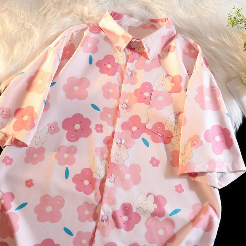 Cartoon Flower Bunny Print Loose T-Shirt  |   T-Shirts Clothing Pink