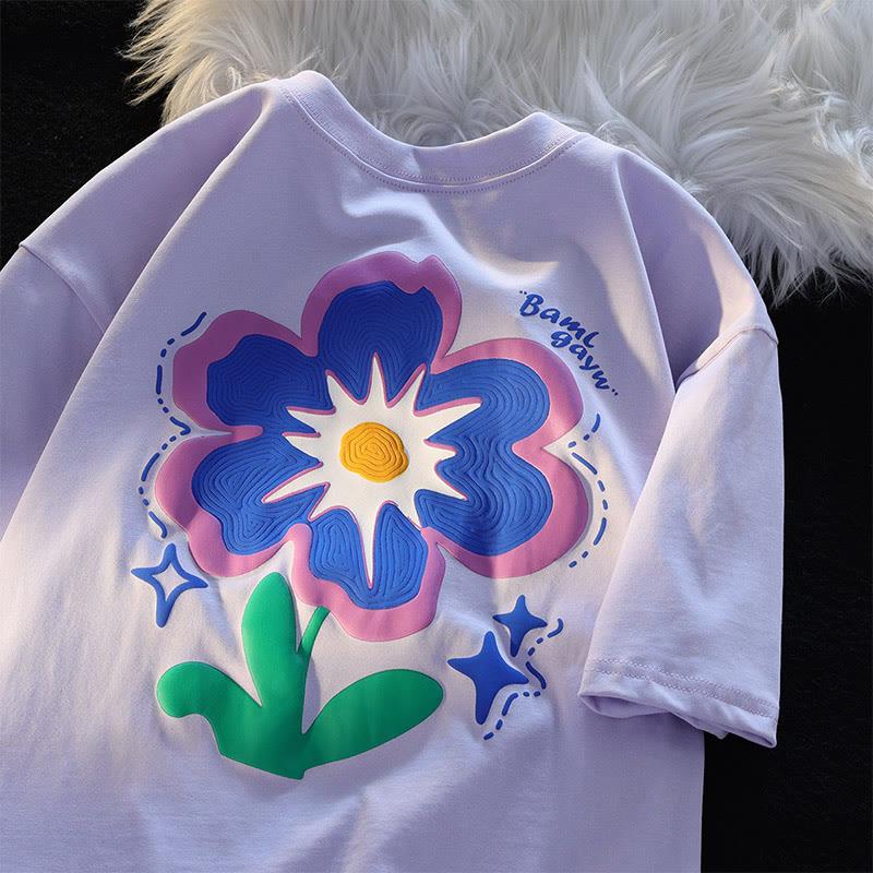 Cartoon Flower Pattern Casual Short Sleeve T-Shirt  |   T-Shirts Clothing Purple