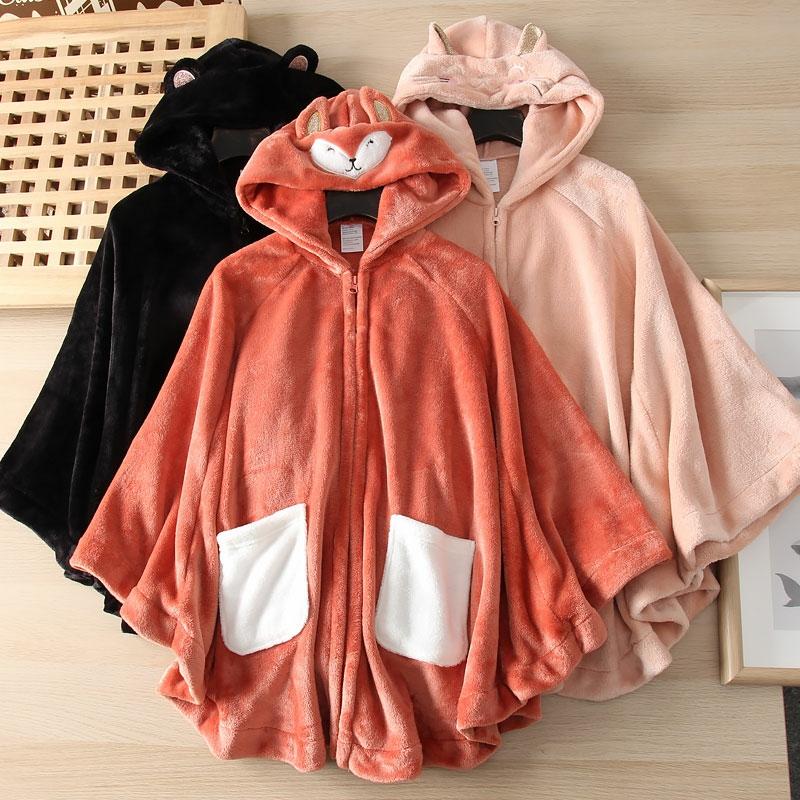 Cartoon Fox Ears Zipper Plush Hooded Cloak Coat  |   Outerwear Clothing Black