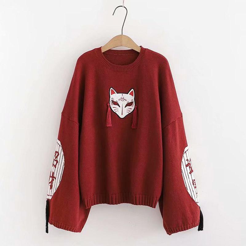 Cartoon Fox Embroidery Tassels Sweater Pullover  |   Sweater Clothing Red