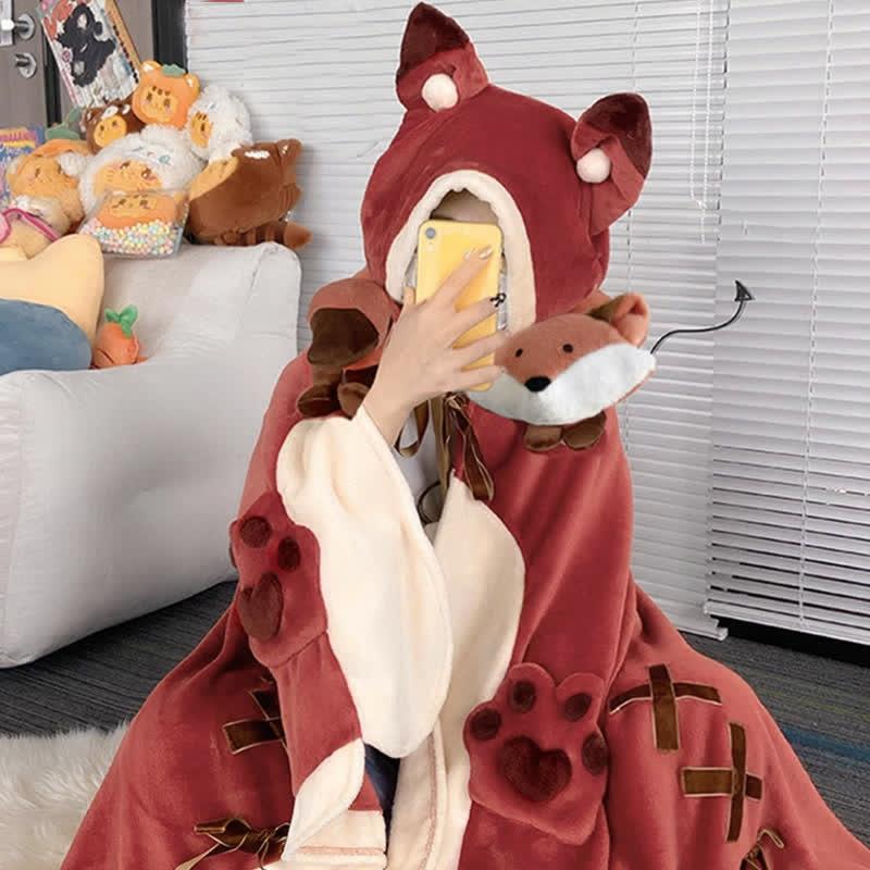 Cartoon Fox Plush Wearable Hooded Blanket Neck Pillow  |   Pajamas Clothing Blanket