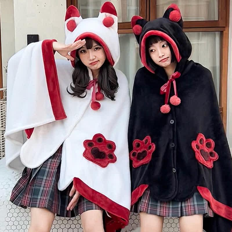 Cartoon Fox Plush Wearable Hooded Blanket  |   Pajamas Clothing Black