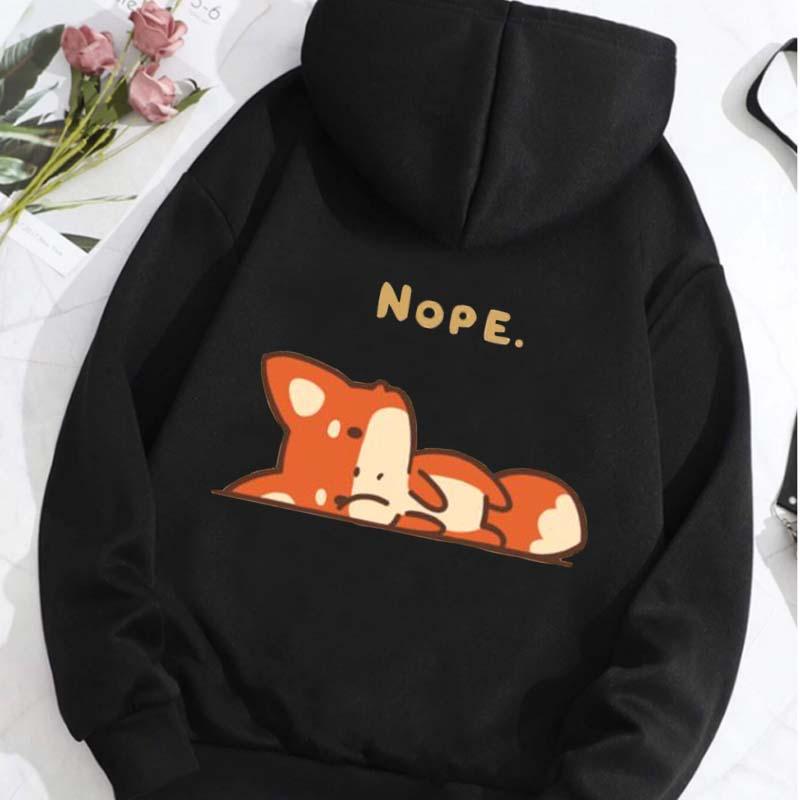 Cartoon Fox Print Plush Hoodie  |   Sweatshirts & Hoodies Clothing Black