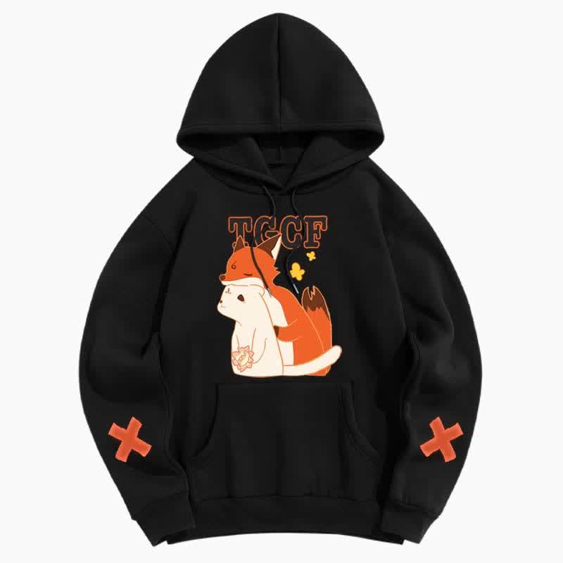 Cartoon Fox Print Pocketed Plush Hoodie  |   Sweatshirts & Hoodies Clothing Black