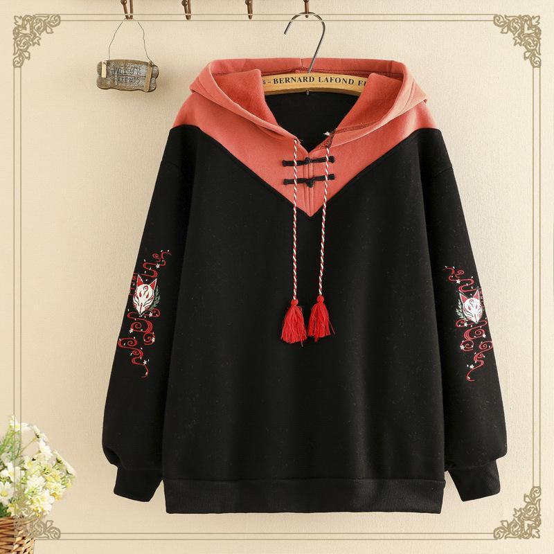 Cartoon Fox Tassel Drawstring Hoodie  |   Sweatshirts & Hoodies Clothing Black