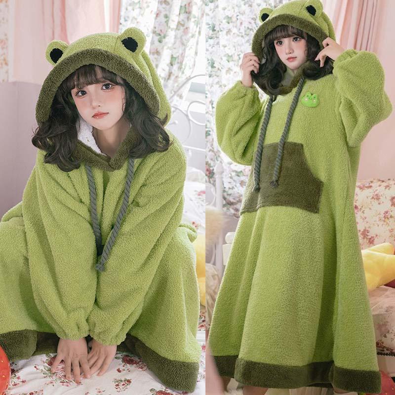 Cartoon Frog Pocketed Plush Hooded Pajamas Dress  |   Pajamas Clothing Hat